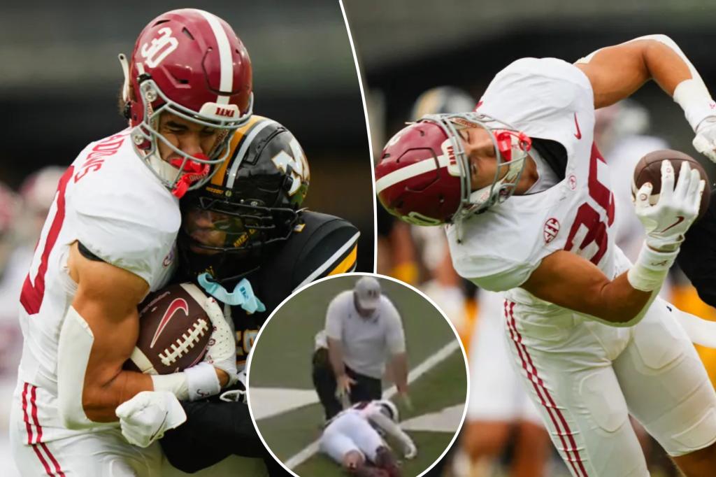 nypost's tweet image. Alabama receiver Derek Meadows suffers concussion after taking terrifying hit trib.al/Di4YhRP