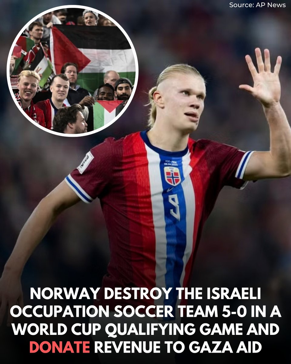 WearThePeaceCo's tweet image. FIFA is too cowardly to kick the occupation state from all competitions so countries are making sure they don’t advance by trashing them. Norway won their match today 5-0 and Norway’s soccer federation says it “cannot remain indifferent” to humanitarian suffering in Gaza and will…