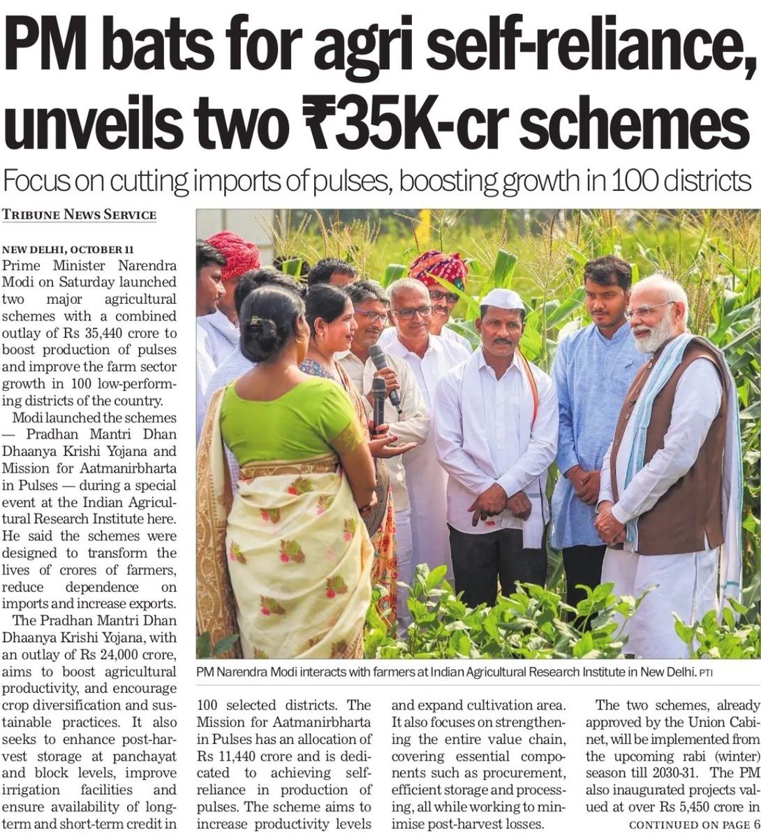Rajmalhotrachd's tweet image. ALIGNED NOTES on PM’s launch of ₹35,440-crore agri self-reliance schemes — Oct 2025) 🌾🇮🇳 #ViksitBharat2047 #AtmanirbharKrishi #UPSC #CSE #Prelims #Mins #GS 

1️⃣ CONTEXT &amp;amp; VISION 🧭 #AgriTransformation

Objective: Cut pulse imports, boost productivity, create export-ready…