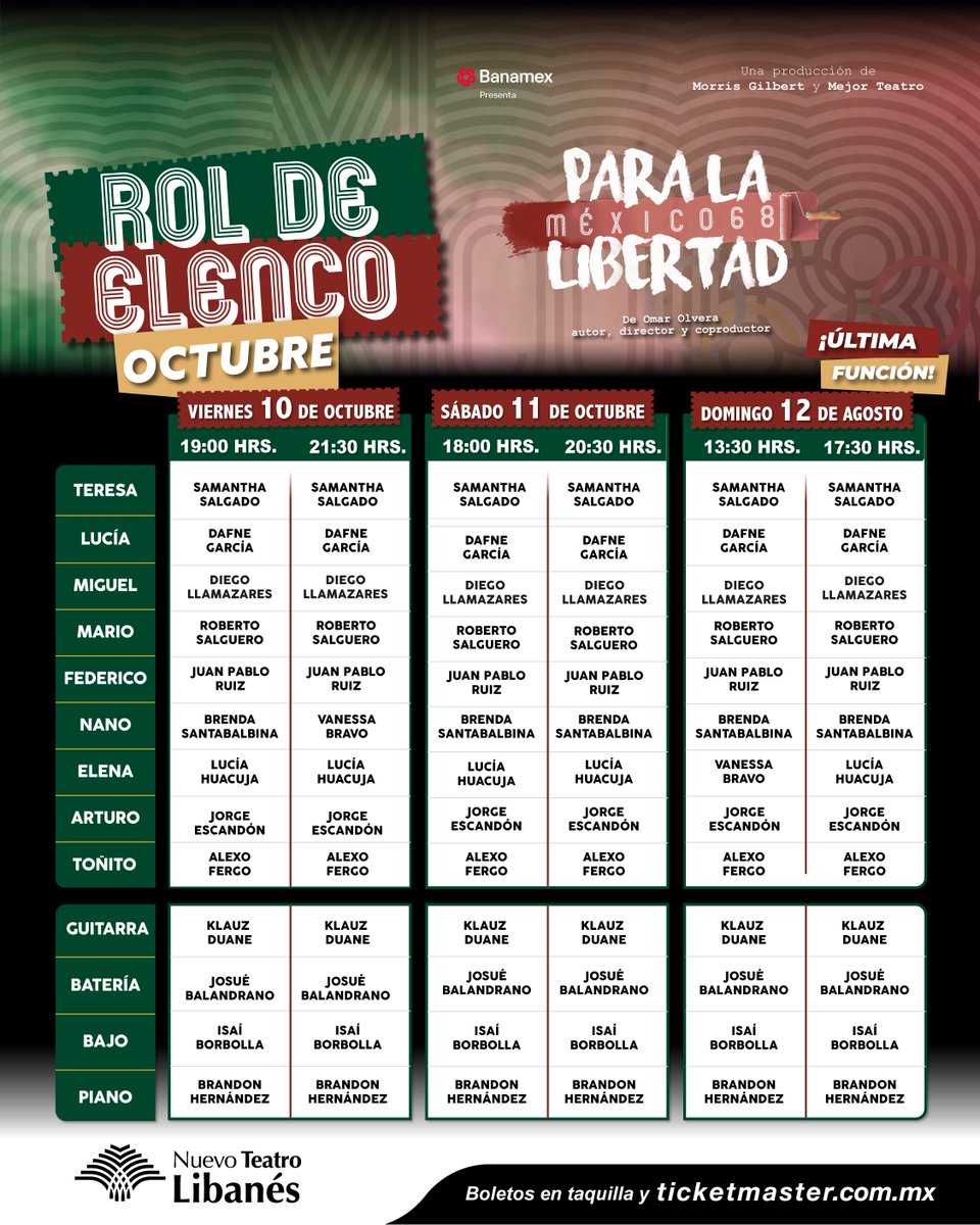 PLaLibertadMX's tweet photo. Este es el elenco que te llevará en un viaje al México de 1968 en las últimas funciones de #ParaLaLibertad. ¡Adquiere ahora tus boletos y ven a despedirte 🔥!

📍 Nuevo Teatro Libanés
🕊️ 11 de oct. | ⏰ 6 y 8:30 pm
📆 12 de oct. | ⏰ 1:30 y 5:30 pm
🎟️ https://t.co/5fezcKQxSP https://t.co/bkiFcWcMwc