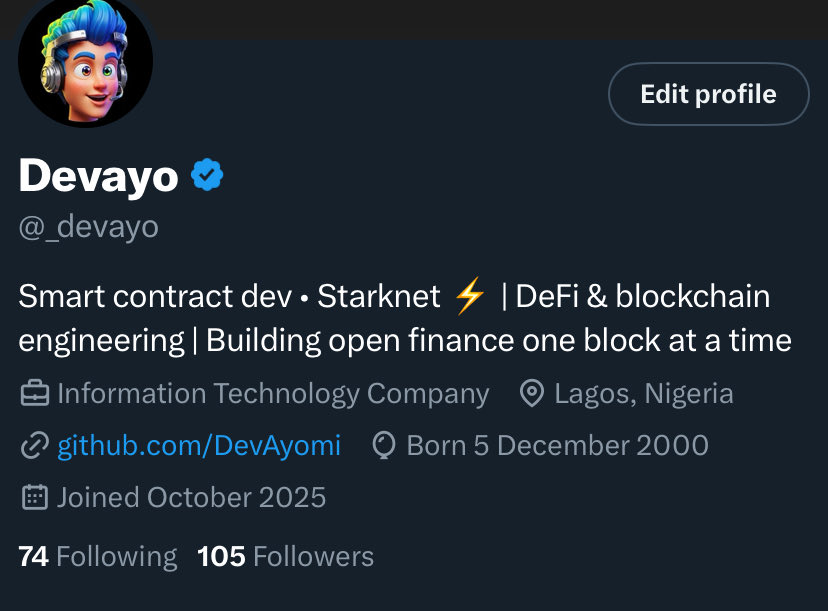 0xdevayo's tweet image. 48 hours ago, I hit create account.

Now 100 of you are here and honestly, I wasn&apos;t expecting this.

I&apos;ve spent 5 years building websites. Now I&apos;m learning smart contracts on Starknet, building DeFi tools, everything open source.

Still figuring things out. Still making mistakes.…