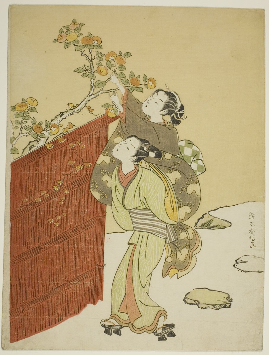 JapanTraCul's tweet photo. Picking Persimmons, by Suzuki Harunobu, ca. 1767-1768 https://t.co/CmeZkdhOyz