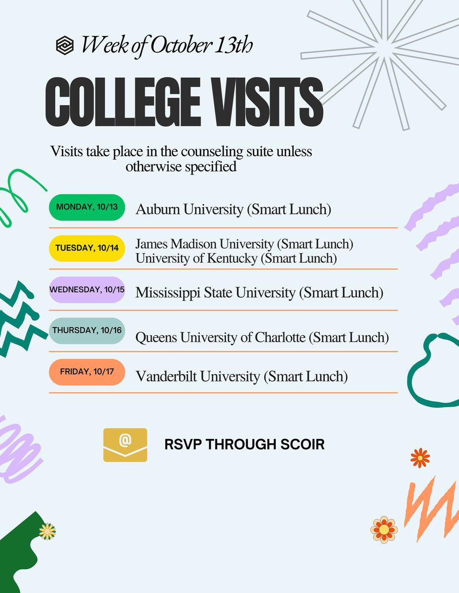MAVSCounseling's tweet photo. COLLEGE VISITS FOR THE WEEK OF 10/13. Interested in talking with an admissions rep from one of these schools? RSVP through Scoir! 💻 https://t.co/CybDFnvE4Y