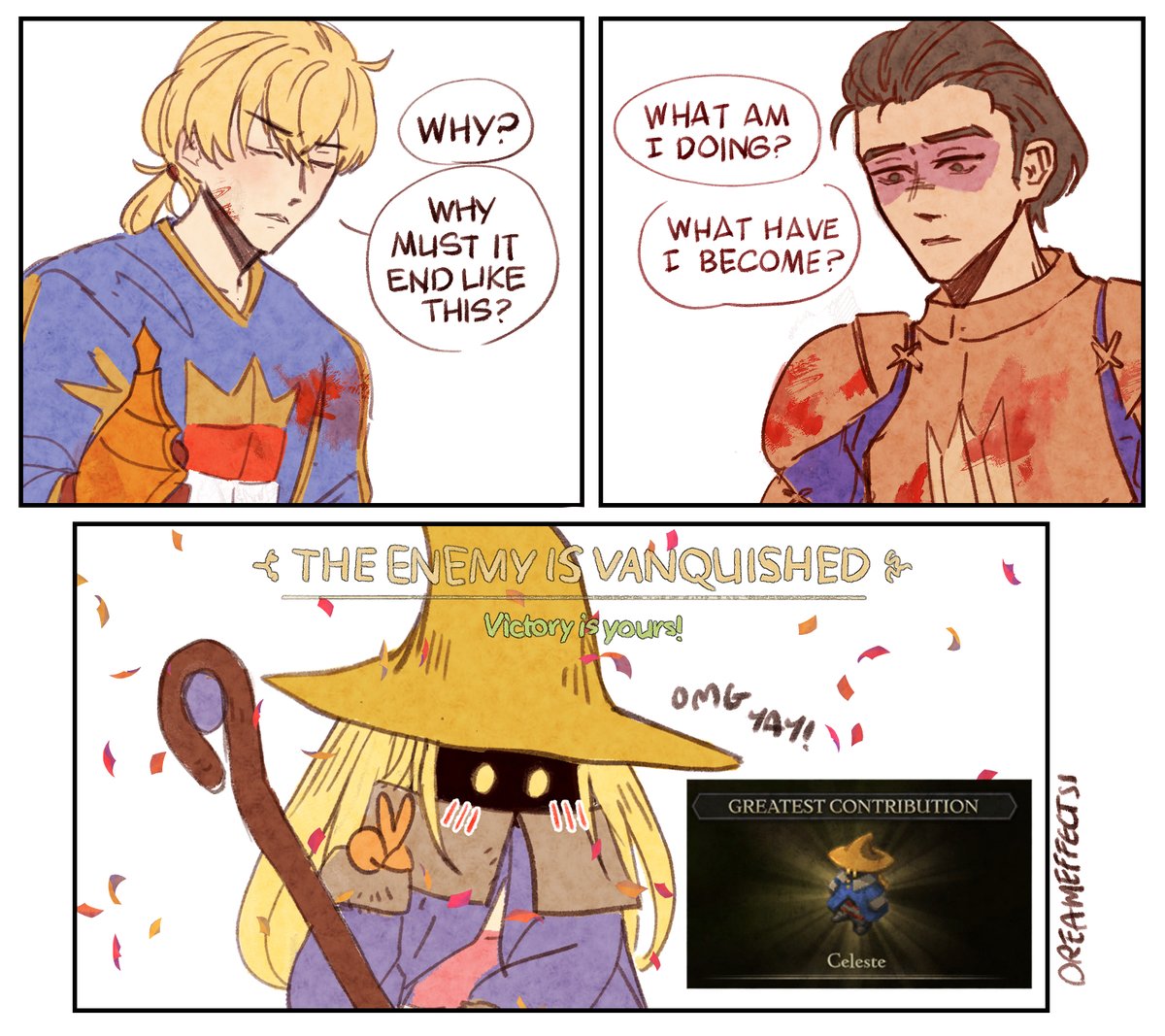 DreamEffectss's tweet image. When the main characters are having an existential crisis but you&apos;re just here to farm JP ✌️😋
This was funnier in my head hhhh the sudden cut to the victory screen cracked me up
#FinalFantasyTactics #FFTactics