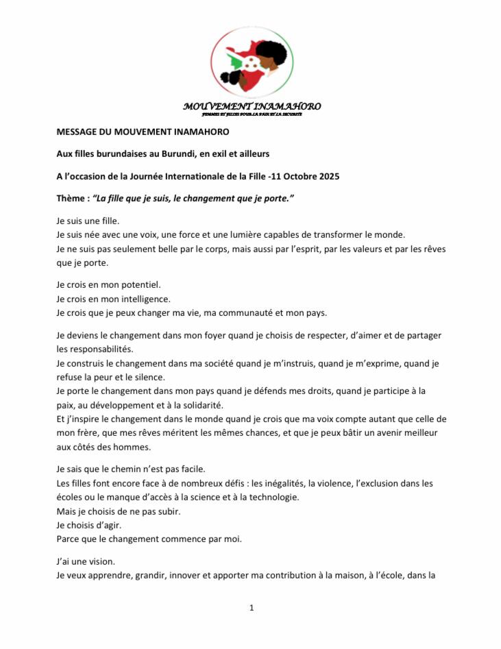 Inamahoro_Ba's tweet photo. Message du Mouvement Inamahoro A l’occasion de la Journée Internationale de la Fille -11 Octobre 2025,#Burundi
@AngelineNdayishimiye
@UNWomenBurundi 
@UNICEF
@UNFPA
@UNHumanRights
@UNYouthEnvoy 
@AdjoaAwuah 
@bbcafrique
@RFIAfrique
@VOAAfrique https://t.co/tOa3MqgIkc