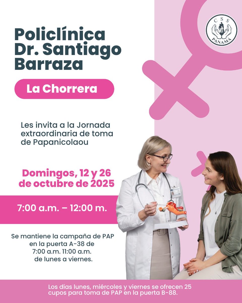 CSSPanama's tweet image. #PanamáOeste | ¡Cuidarte es quererte! 💗

La Policlínica Dr. Santiago Barraza en La Chorrera hace un llamado a todas las mujeres aseguradas a participar en la jornada de toma de Papanicolaou, este domingo 12 y domingo 26 de octubre.

📍 Acude y realiza tu examen preventivo.
💪…
