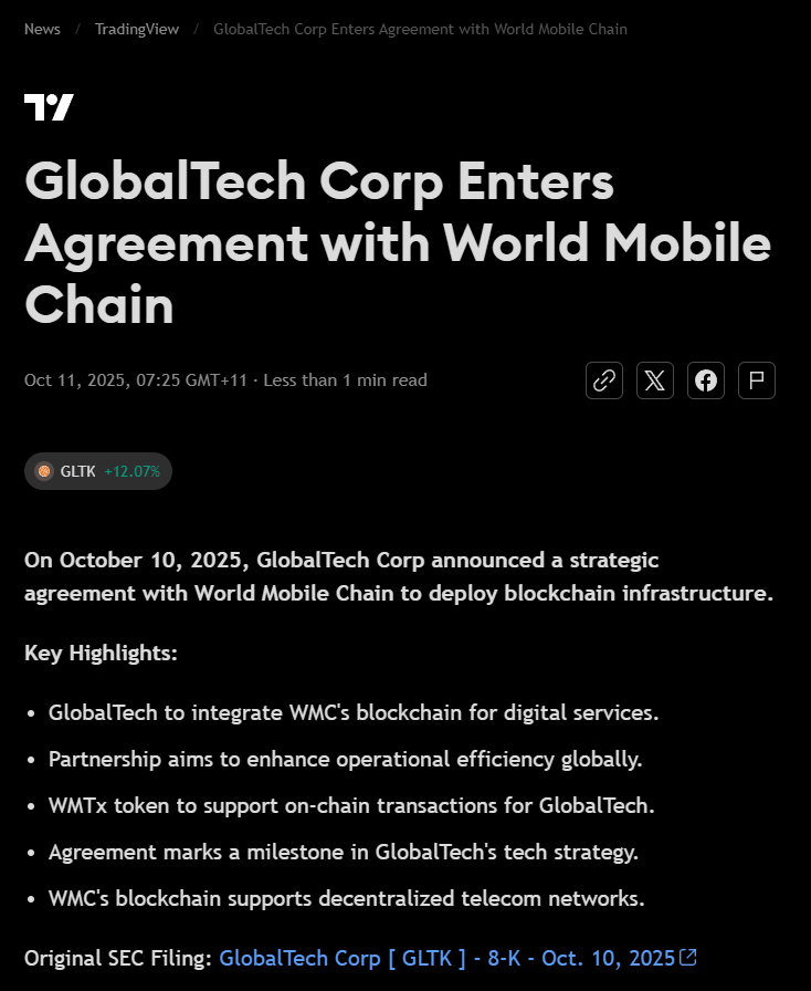 hopenothype_io's tweet image. 🚨U.S.-based publicly traded company GlobalTech Corporation (GTLK) invest in $WMTx
"GlobalTech intends to establish a long-term digital asset treasury strategy focused on $WMTx"
“This partnership is anticipated to represent a significant milestone in GlobalTech’s mission to…