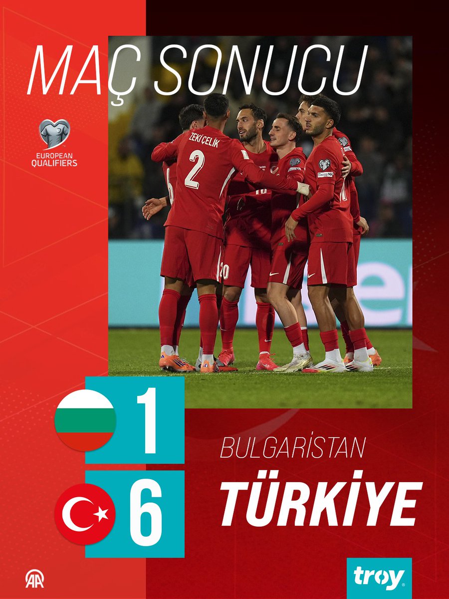 🇹🇷 A Milli Futbol Takımımız, 2026 FIFA Dünya Kupası Avrupa Elemeleri E Grubu üçüncü maçında deplasmanda Bulgaristan’ı 6-1 mağlup etti.
#BizimCocuklar tebrikler 
#BizimCocuklar