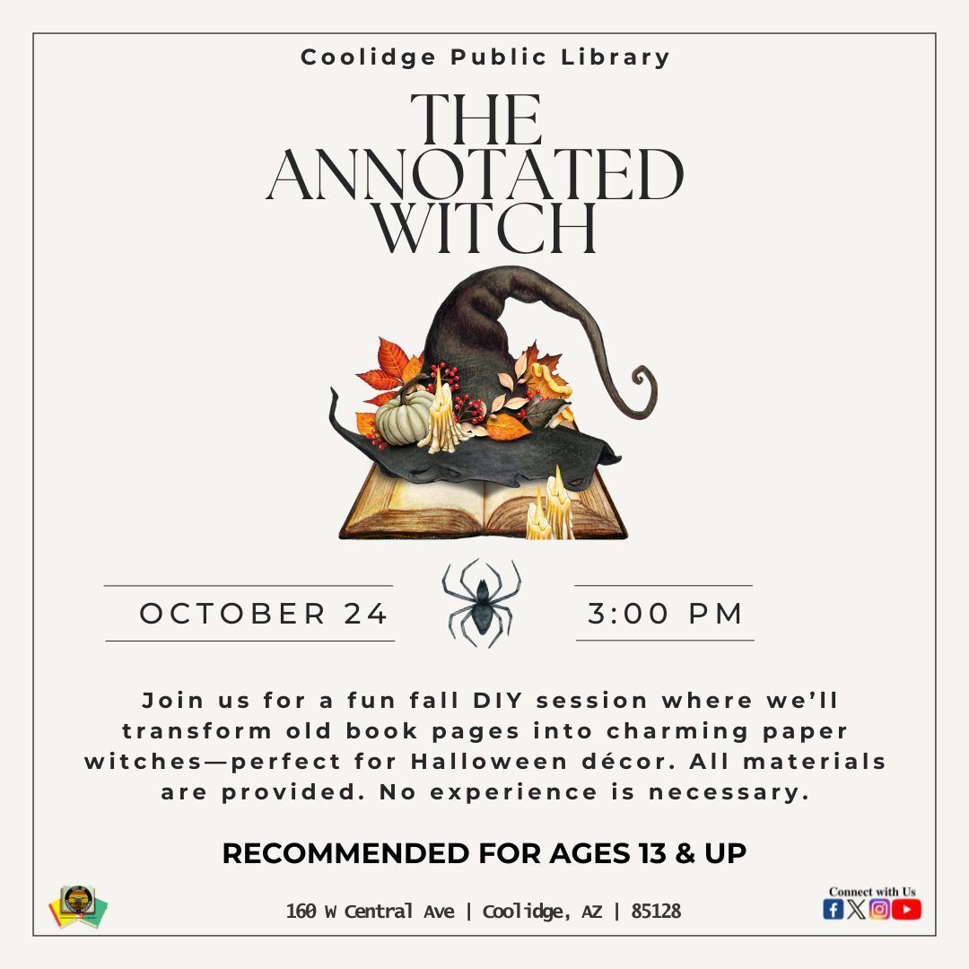 Craft magic from the pages of a book! The Annotated Witch DIY program is happening Friday, October 24 at 3:00 PM. No experience needed just bring your creativity, and we’ll provide the rest.