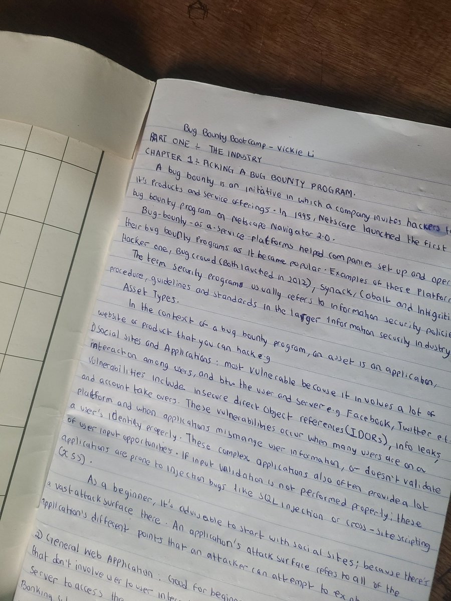 Becoming a Security Researcher with <a href="/4osp3l/">Gospel</a> as My Mentor — Day 4

- Started the day by reading Bug Bounty Bootcamp by Vickie Li and completed the first four chapters. Learned about writing effective reports and other key concepts.

- Revised all my notes on Linux fundamentals.