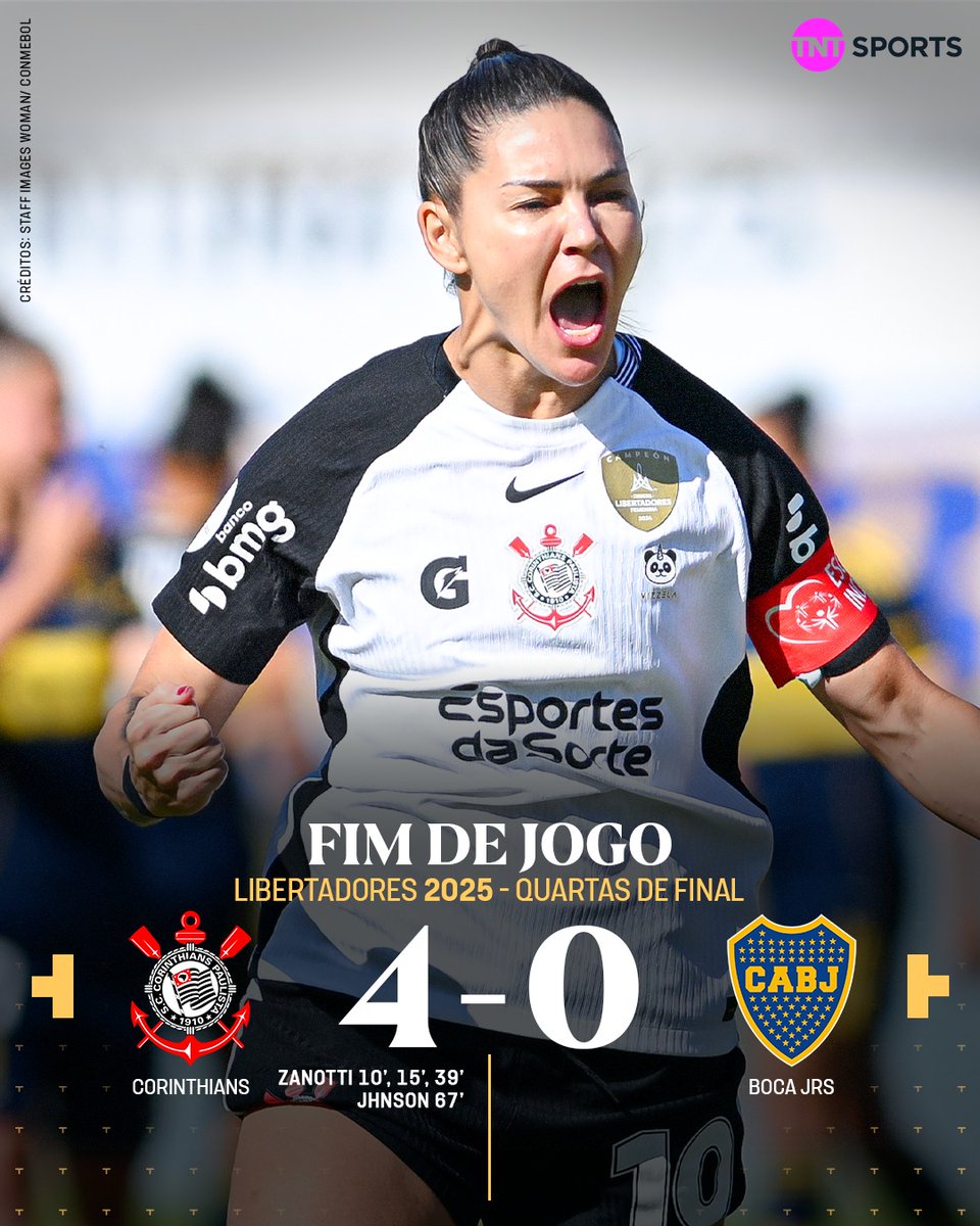 TNTSportsBR's tweet image. O CORINTHIANS É SEMIFINALISTA DA LIBERTADORES! 🦅 E BOTA TUDO NO NOME DA MÃE! 👩 Gabi Zanotti marcou três vezes e foi decisiva para colocar o Timão mais perto do 6º título! #FutebolBrasileiro #LibertadoresFeminina