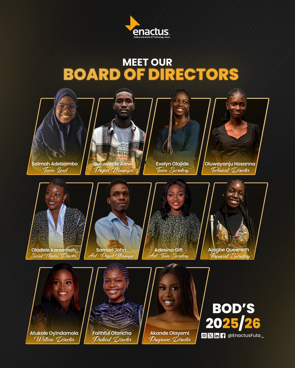 Hello Enactus FUTA Family 💛
We’re excited to step in as the new Board of Directors! It’s an honor to lead, serve, and grow with this amazing community. 💪🏽
Huge thanks to our predecessors for the legacy they built  we’re ready to build on it with teamwork, consistency &amp; impact.