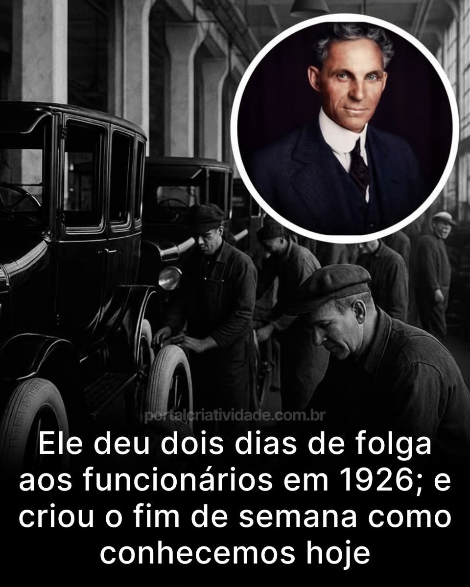 SensoCrtico1's tweet photo. Em 1926, Henry Ford surpreendeu o mundo ao reduzir a jornada de trabalho e criar o conceito de dois dias de folga.

A decisão, vista como arriscada na época, transformou a indústria, aumentou a produtividade e deu origem ao fim de semana moderno. https://t.co/D3bhrcM6fq