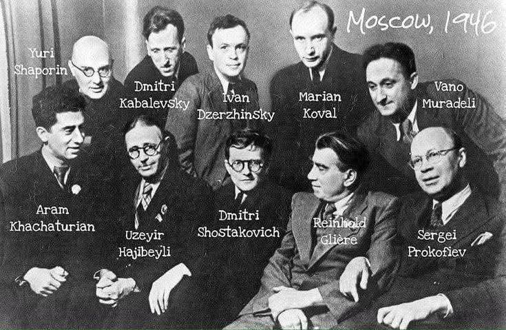 LibrarySheet's tweet image. Reinhold Glière, birthday party, 1946 (front
row: Aram Khachaturian, Uzeir Gadzhibekov, Dmitri Shostakovich, Reinhold Glière, Sergei
Prokofiev).
#smlpdf  #sheetmusic #Noten #partituras #spartiti 乐谱 樂譜
sheetmusiclibrary.website