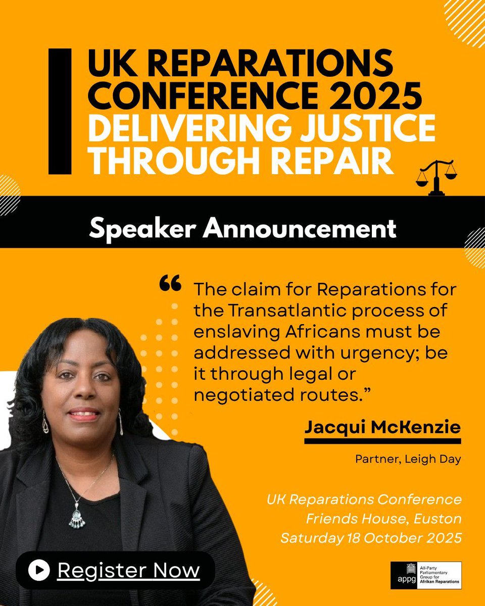appg_ar's tweet image. "The claim for Reparations for the Transatlantic process of enslaving Africans must be addressed with urgency".
Great to have @JacquiMckenzie6 of @Leighday speaking on legal avenues for reparations at this year's conference #JusticeForAfrica
Register: appg-ar.org/uk-reparations…