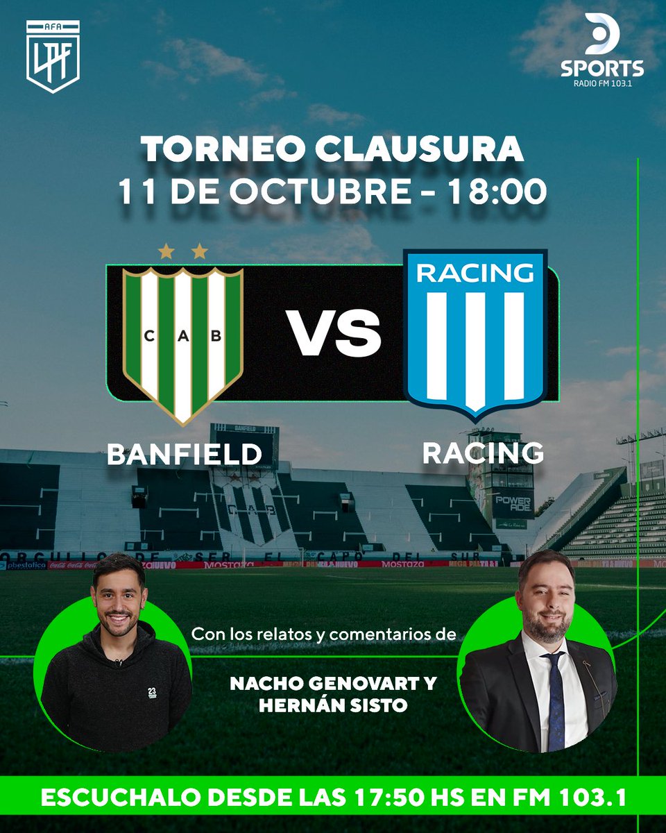 Todo el fútbol está en <a href="/DSportsRadio/">DSports Radio 103.1 FM</a> 103.1 
#TorneoClausura 
#Banfield #Racing 
Junto a <a href="/NachoGenovart/">NACHO GENOVART</a> <a href="/HernanSisto/">Hernán Sisto🎙</a> <a href="/Hachita/">Ariel Hachita Ludueña ⭐⭐⭐</a> y <a href="/mavegol/">Silvio Maverino</a>