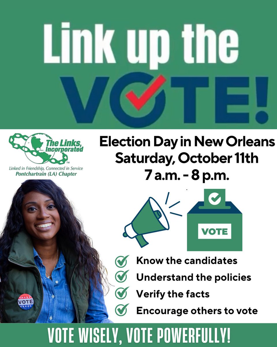 PCLinksInc's tweet image. 💚 Link Up The Vote! 💚Election Day is TODAY, New Orleans!  Polls are still open until 8 p.m.
Vote wisely. Vote powerfully. #PCLinks #LinksWhoLead #LinkUpTheVote