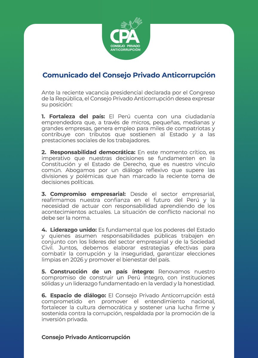 🇵🇪 El Perú necesita unidad y liderazgo íntegro.
Desde el CPA, promovemos el trabajo conjunto entre Estado, empresa y sociedad civil para superar divisiones, combatir la corrupción y garantizar elecciones transparentes en 2026.

#CPA #Perú #LuchaAnticorrupción #Institucionalidad