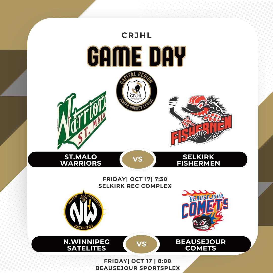 Friday night lights in the CRJHL! 🔥
Doubleheader on deck:
• St. Malo Warriors vs Selkirk Fishermen
• North Winnipeg Sat’s vs Beausejour Comets
Two games, one electric night — who’s coming out on top? 🏒