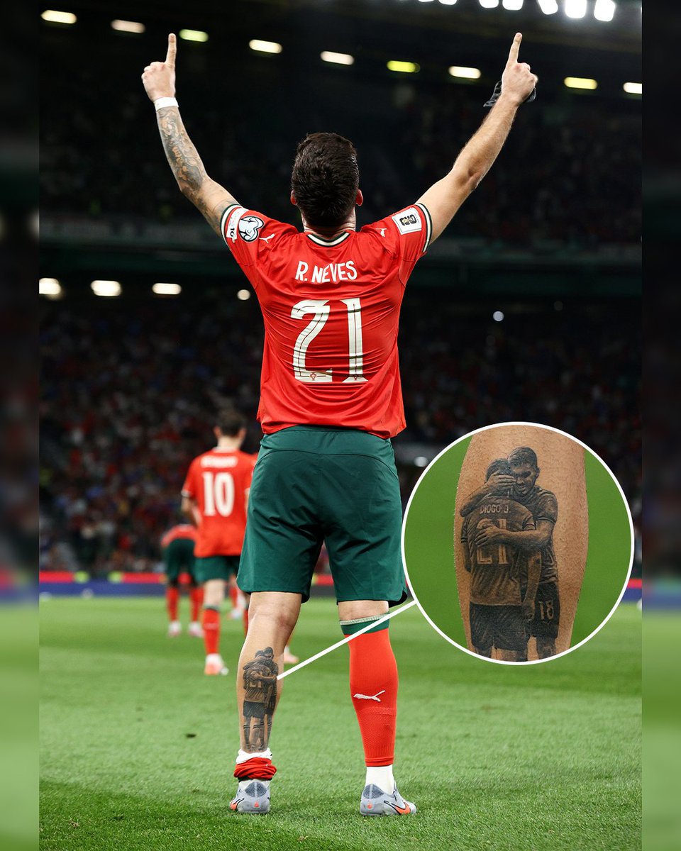 ESPNFC's tweet image. Rúben Neves pointing to the sky and showing off his Diogo Jota tattoo after scoring his first-career goal for Portugal 🥹