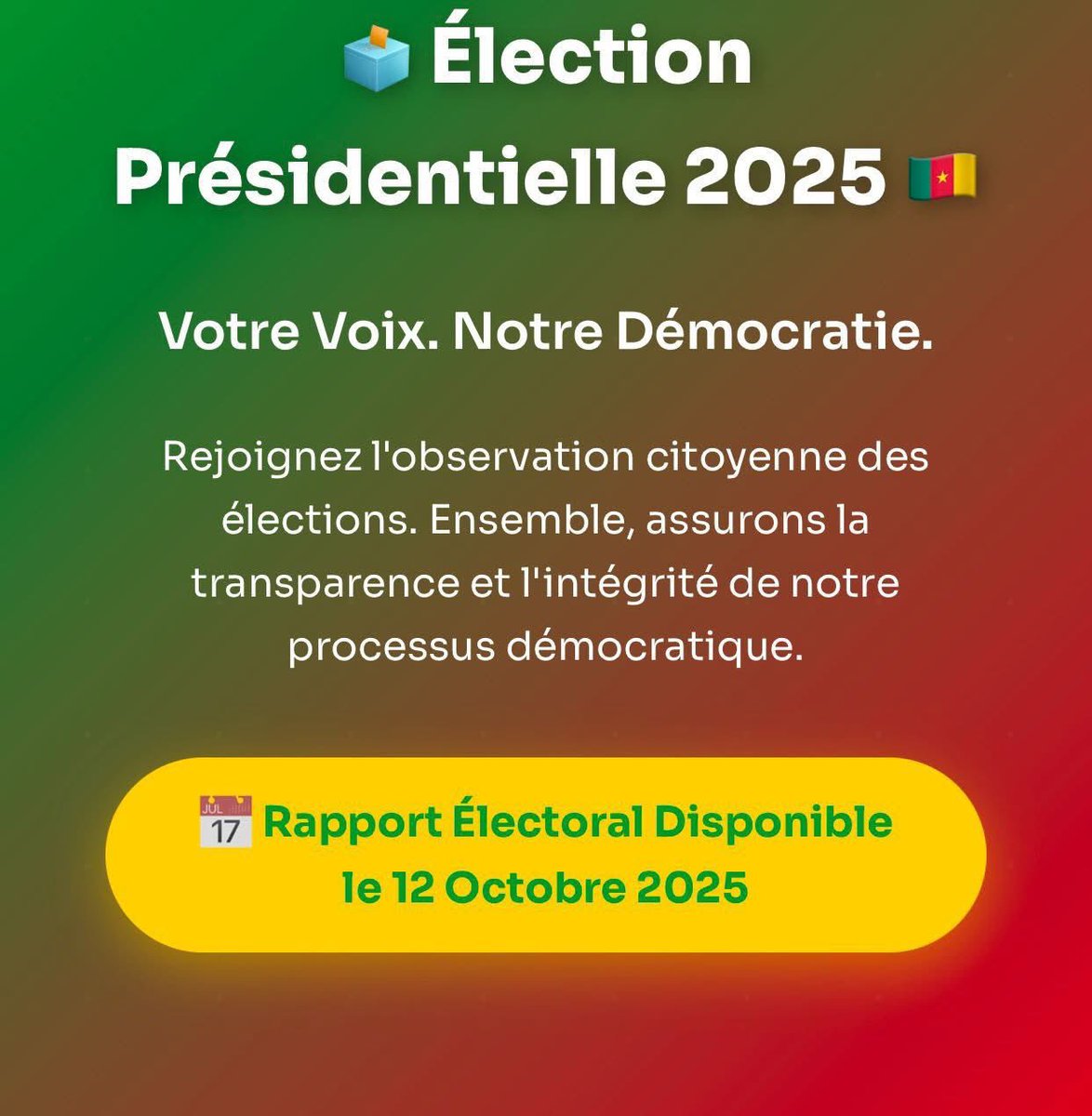 🇨🇲 SURVEILLANCE ÉLECTION 2025 — RESTONS UNIS ET INFORMÉS !

Demain, les citoyens camerounais disposent d’un nouvel outil pour la transparence électorale : l’application Disô.

🗳️ Protégeons notre paix et notre vote.

📡 Partagez les résultats de votre bureau de vote.

💬 Signalez