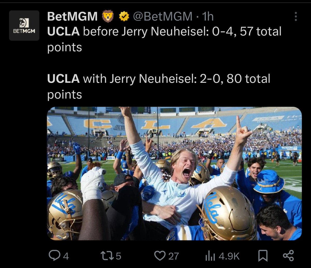 DegenerateTBone's tweet image. Reminder that Tim Skipper is actually the head coach at UCLA.
I know Jerry Neuheisel is a fan favorite from his time as a player, but this is getting a little weird, isn't it?
I can't recall a turnaround like this being credited to ANYONE other than the head coach previously.