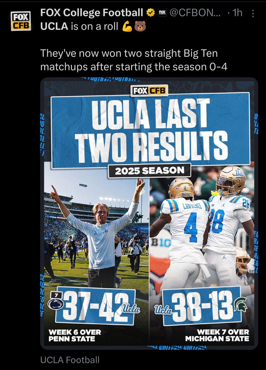 DegenerateTBone's tweet image. Reminder that Tim Skipper is actually the head coach at UCLA.
I know Jerry Neuheisel is a fan favorite from his time as a player, but this is getting a little weird, isn't it?
I can't recall a turnaround like this being credited to ANYONE other than the head coach previously.
