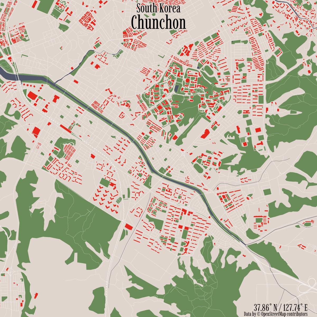 rcityviews's tweet image. Image of Chunchon, South Korea created in #rstats using data from #OpenStreetMap.