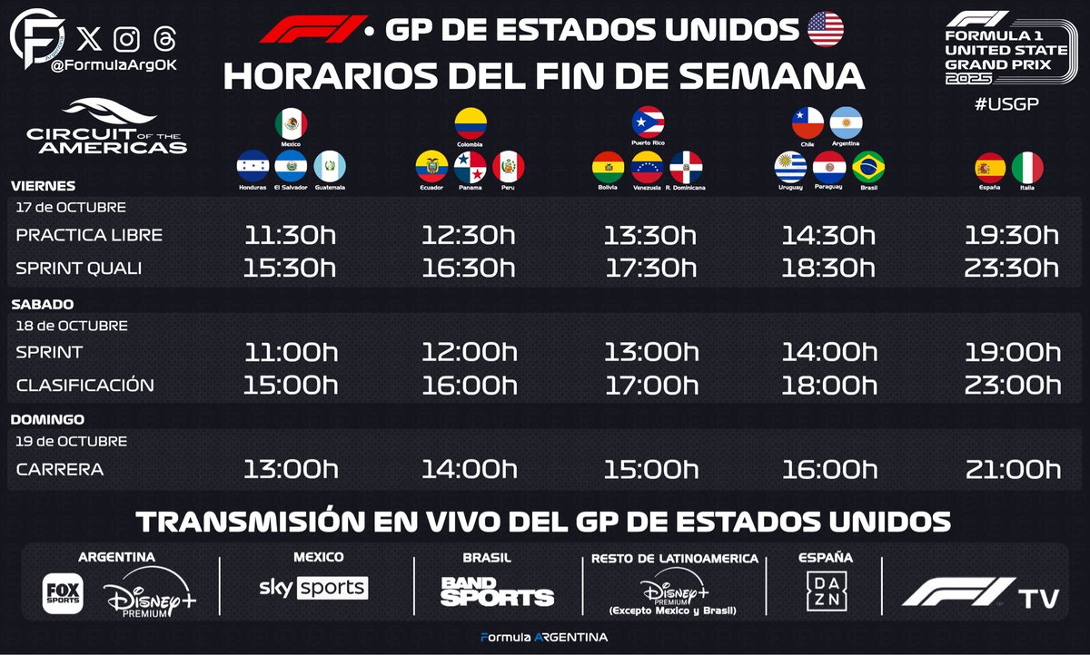 📌 | HORARIOS Y TRANSMISIÓN DEL GRAN PREMIO DE ESTADOS UNIDOS🇺🇸

• RONDA 19
📍Austin
🗓️ 17-18-19 de octubre

#F1 #USGP🇺🇸