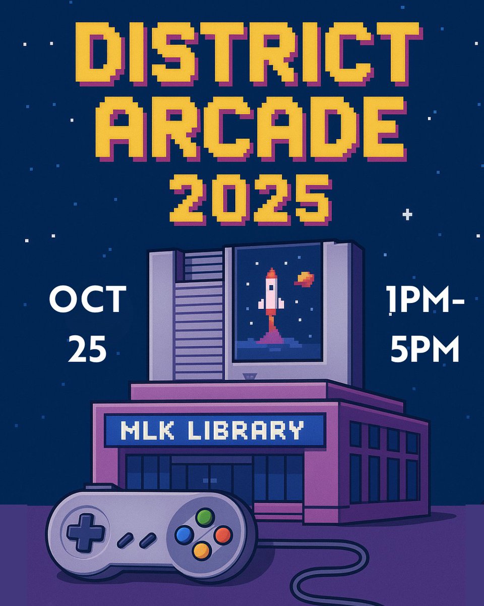 dcpl's tweet image. 🎮 District Arcade 2025 | Play locally made indie games &amp;amp; meet the creators behind them!

📅 Sat, Oct 25 | 1–5 PM
📍 MLK Library
Free &amp;amp; family-friendly

Presented with IGDA DC — celebrating game makers from D.C. and the DMV. bit.ly/4mT4xlf