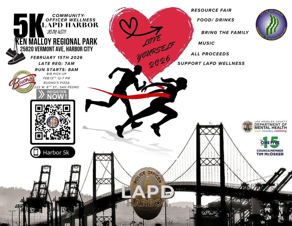 Please join us for LAPD Harbor Area’s Love Yourself Mental Health 5k. A day for family fun. $25 to register for the run at Ken Malloy Regional Park.

Sponsorship can be done through QR code or check payable to Los Angeles Police Foundation (LAPF).