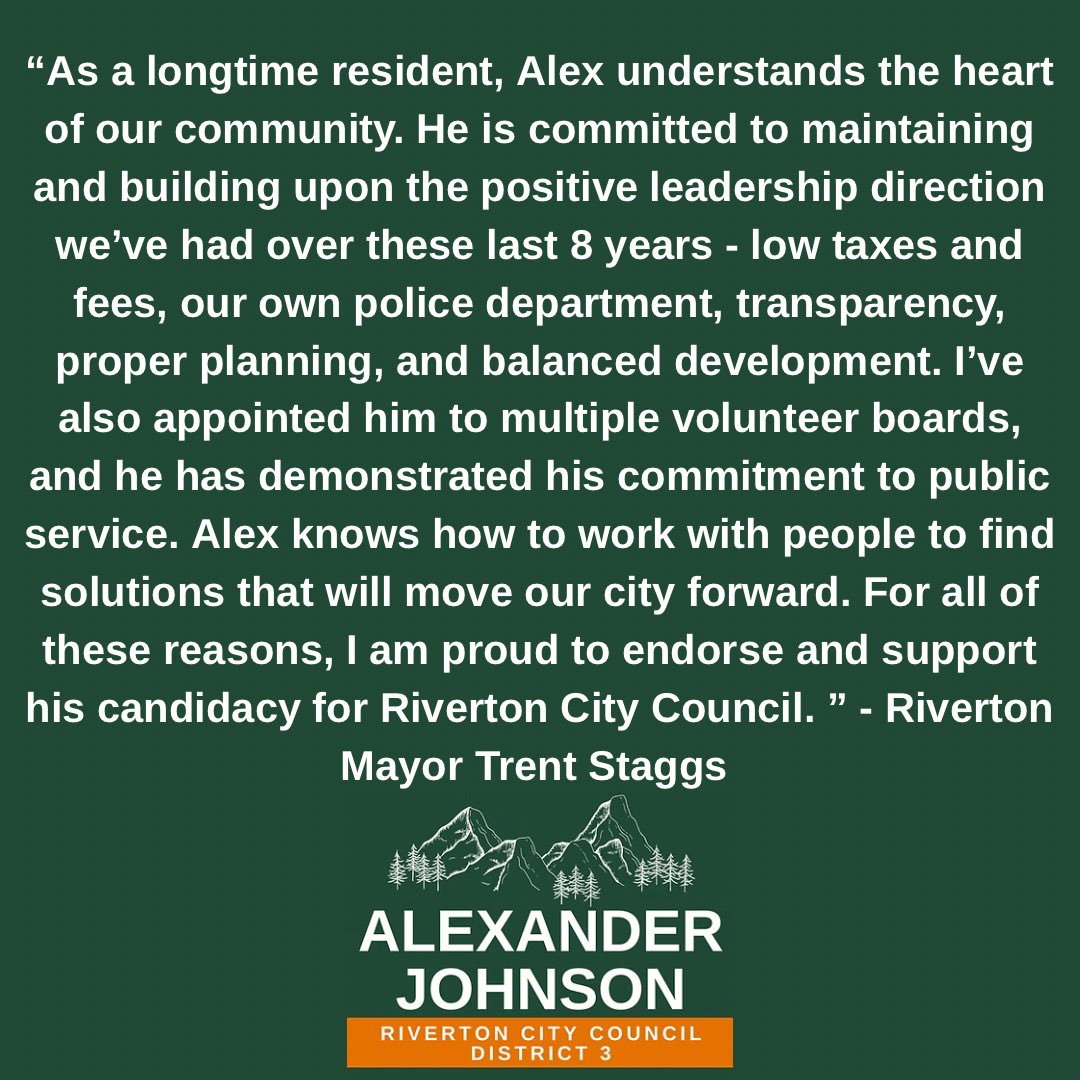 Absolute honor to have the endorsement of Riverton Mayor <a href="/MayorStaggs/">Trent Staggs</a> for my campaign! Thank you for the support mayor. I won’t let you down. 🙌