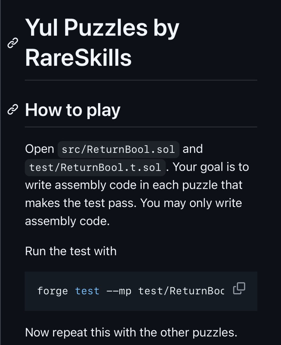 shafu0x's tweet image. Greatest way to learn how assembly works in Solidity.
Do every single one of them!