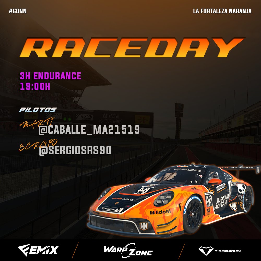 #IRacing | ¡𝐑𝐀𝐂𝐄𝐃𝐀𝐘!

🏆 | 3h de Endurance
⏰ | 19:00h

𝑷𝑰𝑳𝑶𝑻𝑶𝑺
<a href="/caballe_ma21519/">Martí Caballé Garcia</a> 
Sergiosrs90
 
 #GoNN 🧡 · #NNsimracing ·