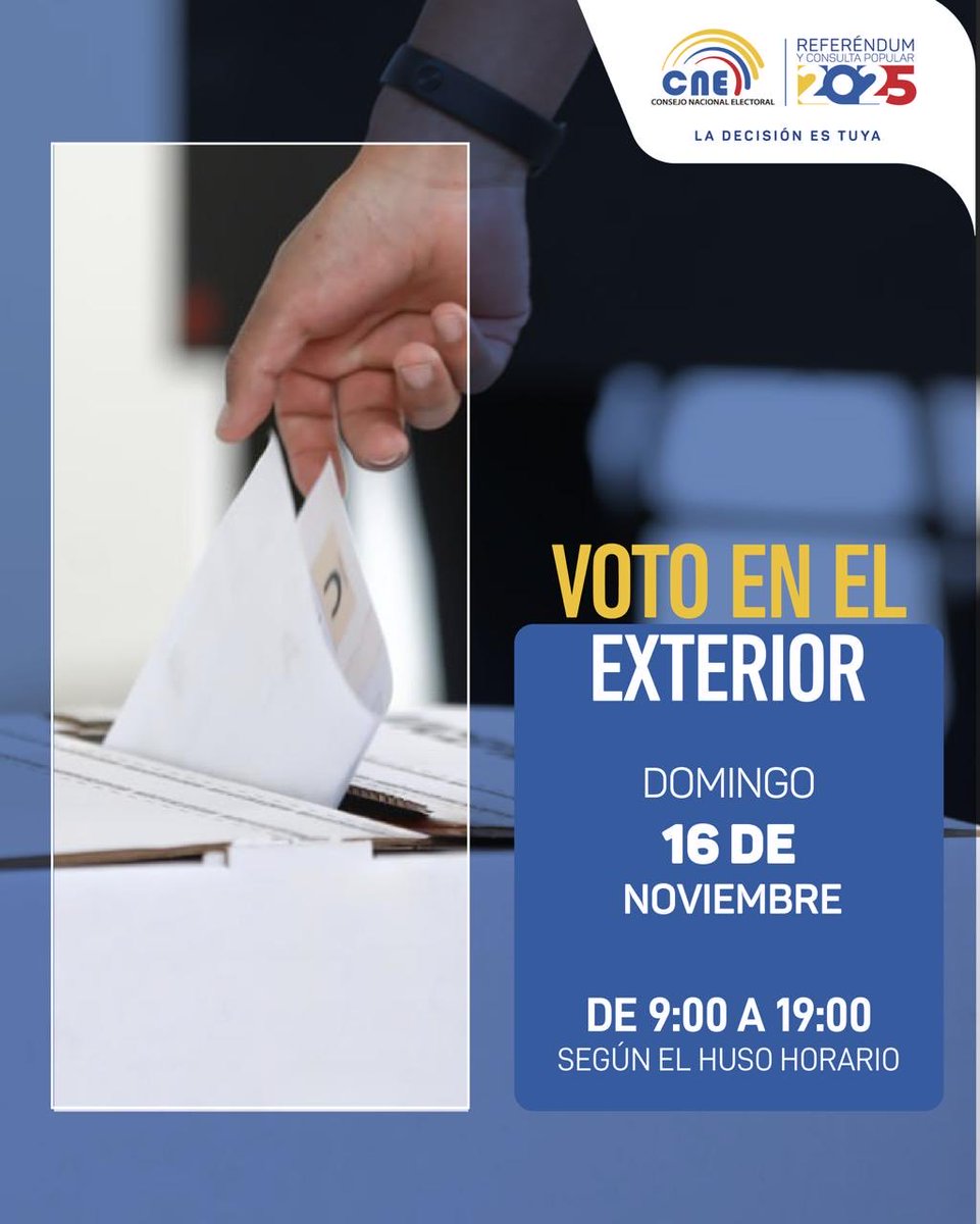 Los 🇪🇨 que están empadronados en el 🌐, el domingo 16 de noviembre en el #ReferéndumYConsulta2025 🗳️, acude con cualquiera de estos documentos vigentes o caducados: 👇

📌 Cédula de identidad
📌 Pasaporte
📌 ID Consular

Conoce el horario de sufragio según el huso horario. ⤵️