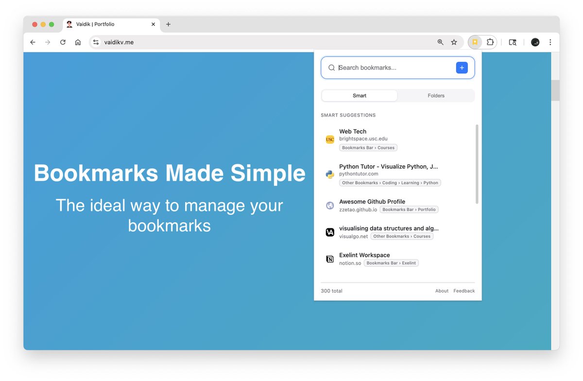 vaidikkv's tweet image. Hi all, I&apos;m publishing my first ever Chrome extension and would love your thoughts.   

Introducing Smart Bookmark Search:
The ideal way to manage your bookmarks.  

Launching soon on chrome.