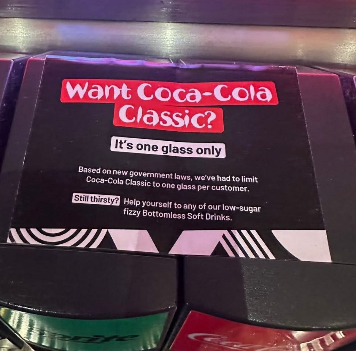 PopBase's tweet image. A new British law prevents restaurants from offering full-sugar drinks as bottomless refills.

Chains such as Nando’s now have signs on their refill stations stating that customers can only have one glass of Coca-Cola.