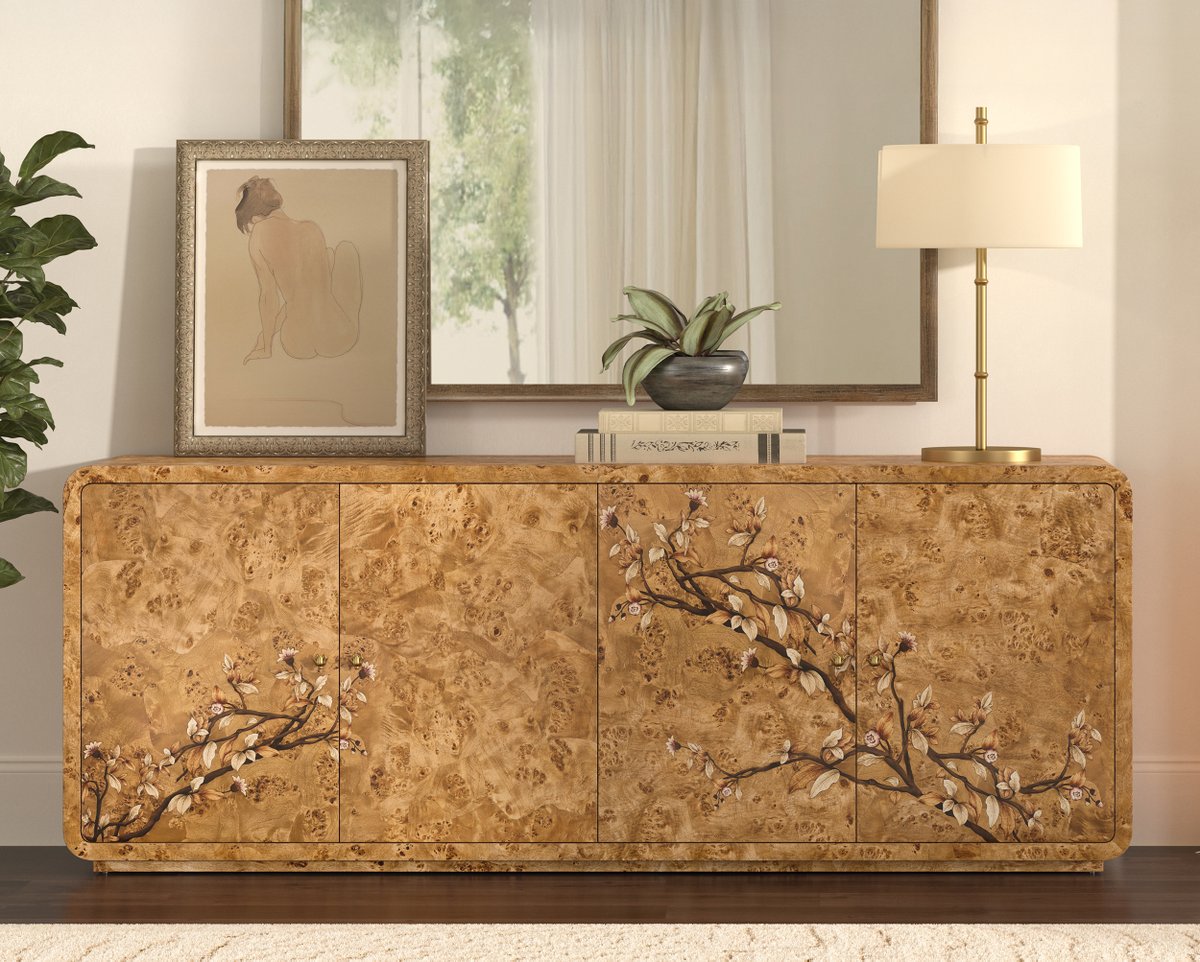 2 weeks until High Point Market! Here's a peek at one of our new groups- the Perch Collection.

This unique collection has been skillfully constructed from distinctive maple burl and adorned with mother of pearl inlays and intricate marquetry designs depicting delicate branches.