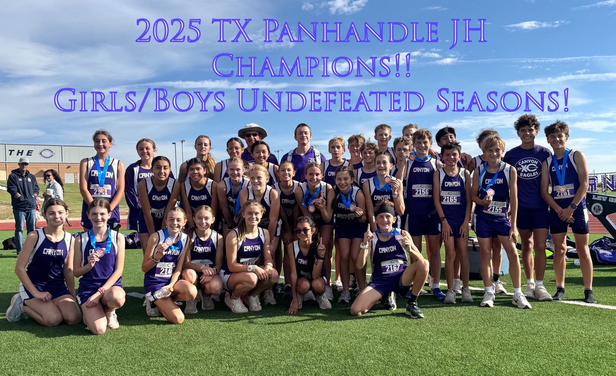 CJHS_XC's tweet photo. 🏆 CJH XC sweeps the TX Panhandle JH Championships - Boys &amp; Girls finish the 2025 season UNDEFEATED - the most talented CJH XC team in school history!! 💪💜💛

🔥 7th grader Shanlee Simmons shattered BOTH the 7th-grade and All-Time CJH Girls Records with an unreal 12:02.19! 🤯👏 https://t.co/Krniiqt9Y1