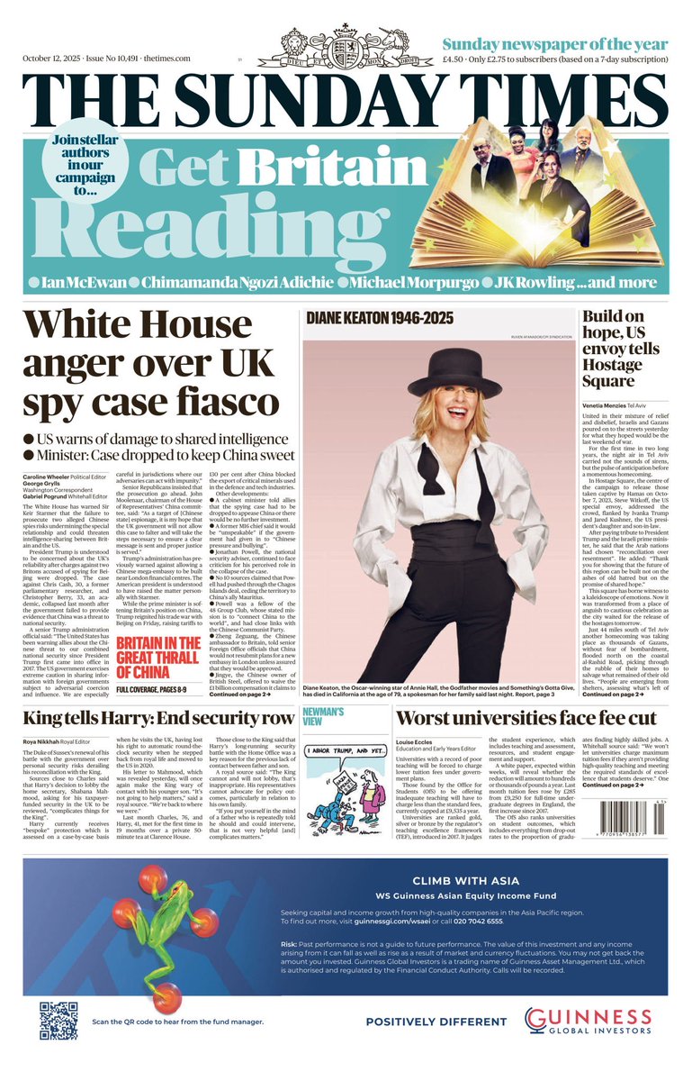lukedepulford's tweet image. 3️⃣ 🤯 stories from @cazjwheeler in the ST:
‼️ @WhiteHouse intervenes in spy scandal: intelligence sharing concerns.
‼️ Decision to shut down case was taken by Powell and Treasury 6 weeks ago.
‼️ Jinyge offered to waive compensation owed by 🇬🇧 in exchange for embassy.