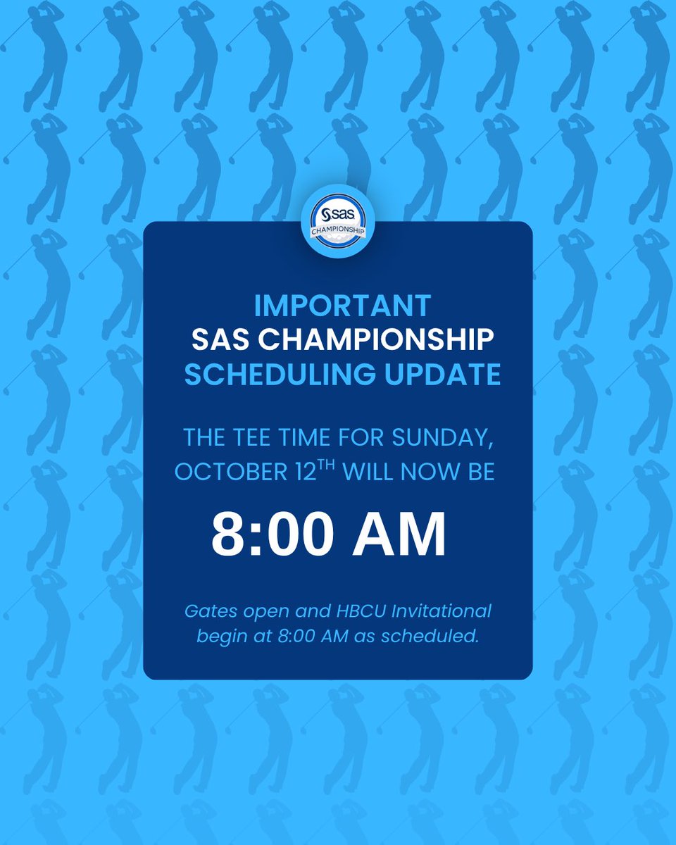Heads up, fans! 👋

Sunday’s tee times have been updated. The SAS Championship will now tee off at 8 AM. Gates open and the HBCU Invitational will tee off at 8 AM as planned.

👉 View all tee times here: dub.sh/TEETIMES