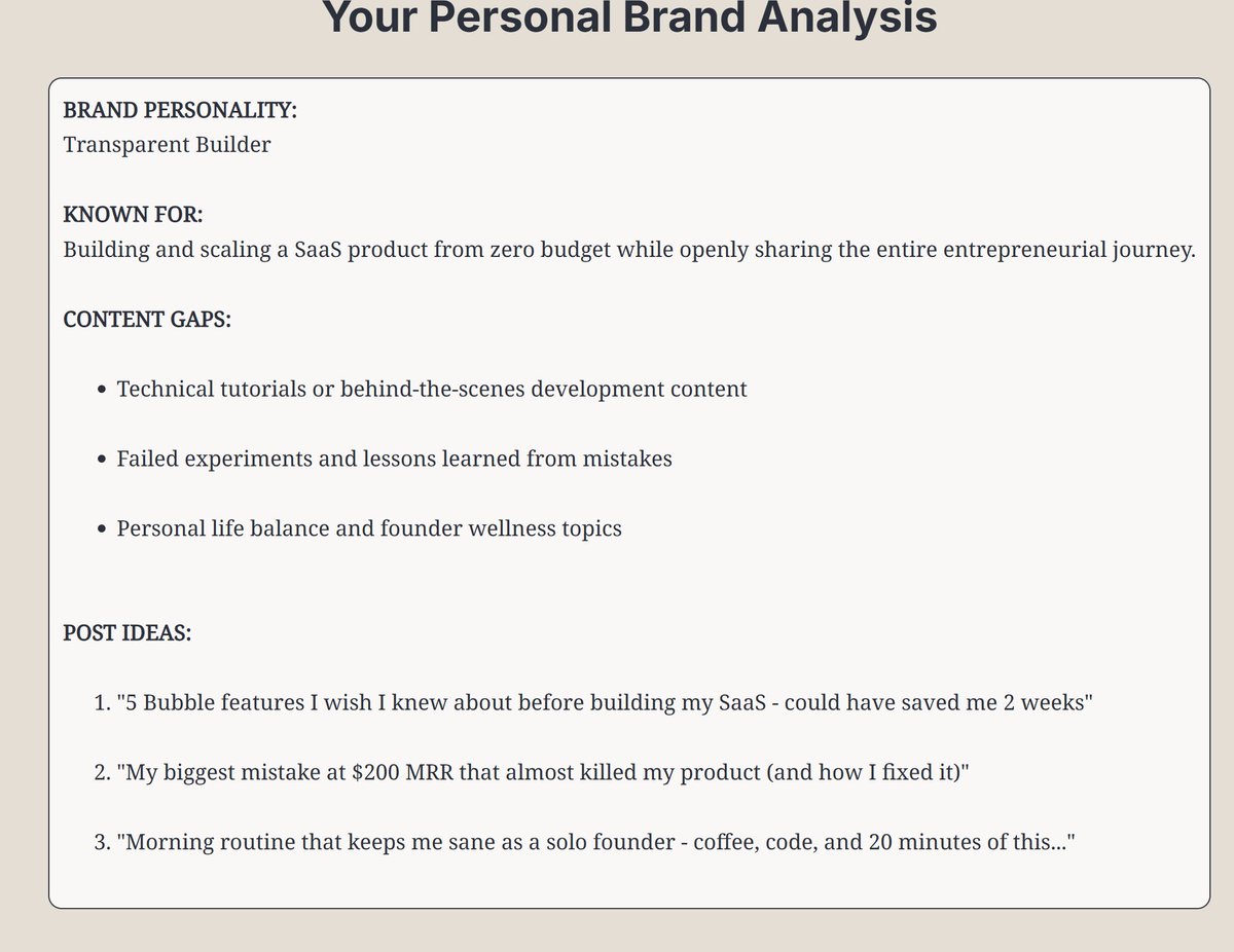 swiftsell_ai's tweet image. I just shipped my first paid product in 24 hours 🚀
Personal Brand Analyzer - AI analyzes your social content and tells you:
✅ Your brand personality (mine: "Ambitious Builder")
✅ What you're known for
✅ Content gaps you're missing
✅ 3 specific post ideas
Takes 60 seconds.…