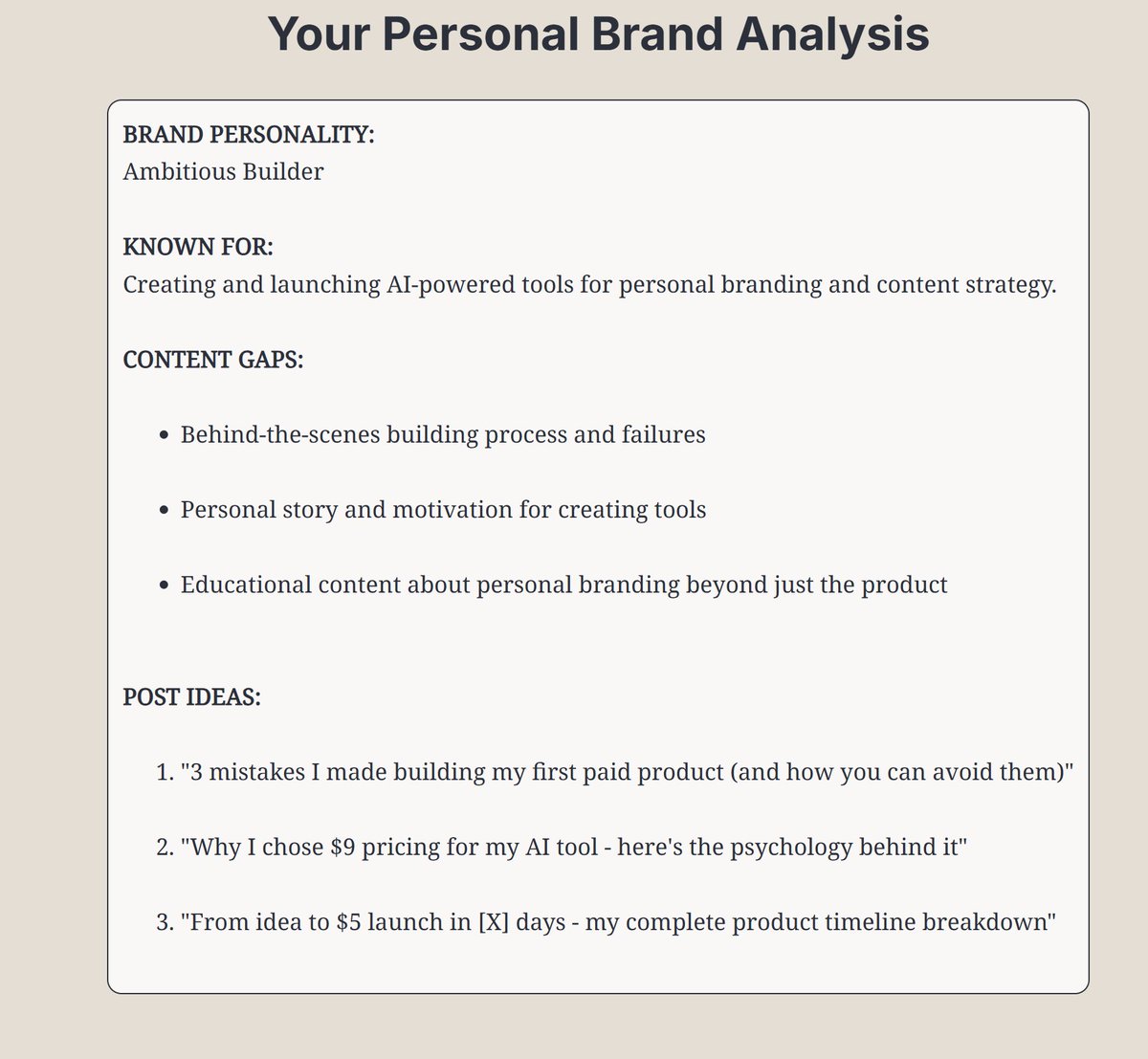 swiftsell_ai's tweet image. I just shipped my first paid product in 24 hours 🚀
Personal Brand Analyzer - AI analyzes your social content and tells you:
✅ Your brand personality (mine: "Ambitious Builder")
✅ What you're known for
✅ Content gaps you're missing
✅ 3 specific post ideas
Takes 60 seconds.…