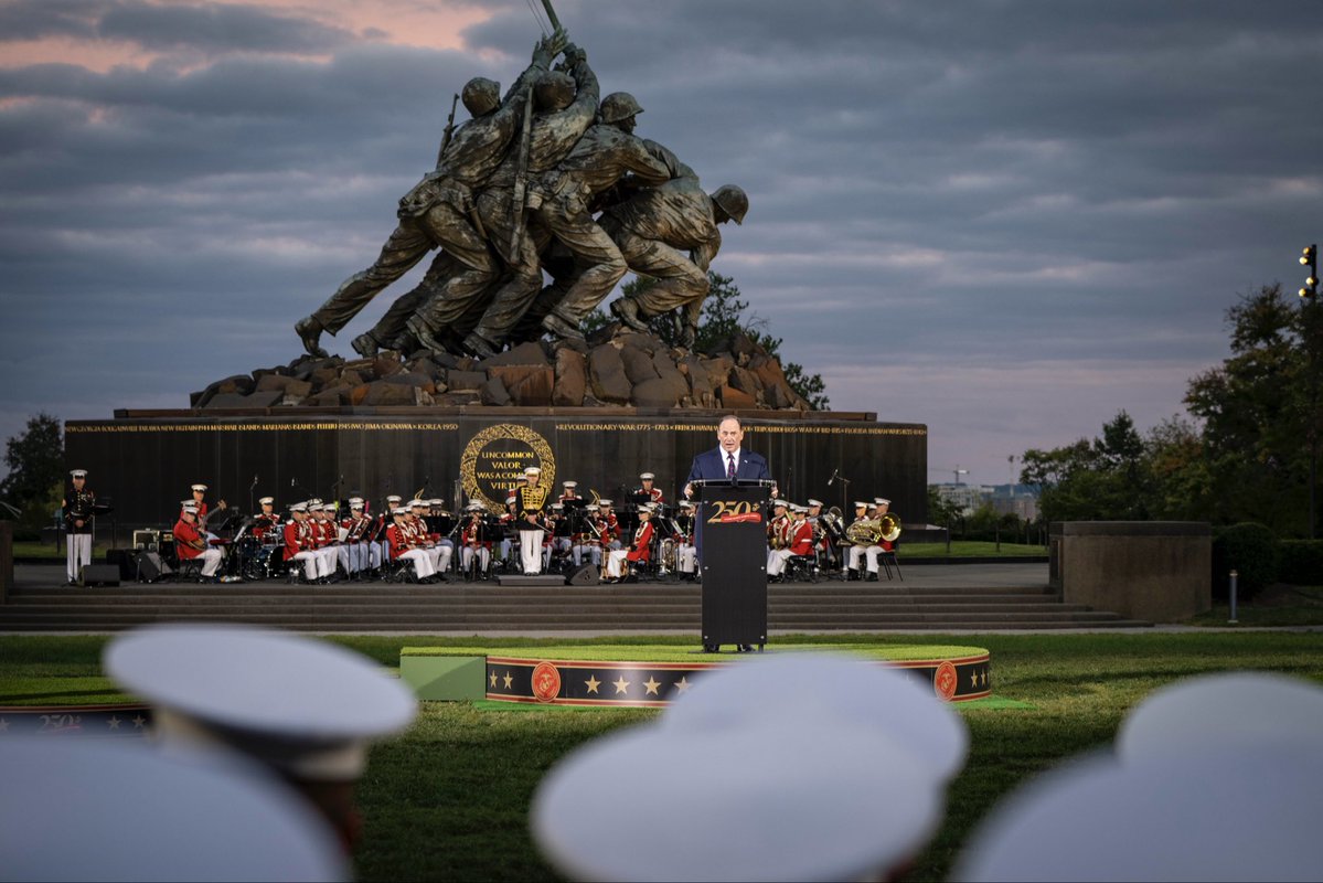 SECNAV's tweet image. Honoring 250 years of our nation’s @USMC.

Marines don’t wait for perfect conditions, they act with purpose, lead with confidence and finish the mission. 

To the standard set at Tun Tavern. 

To the names etched at Tripoli, Belleau Wood, Montezuma, Vietnam and Fallujah. 

To a…