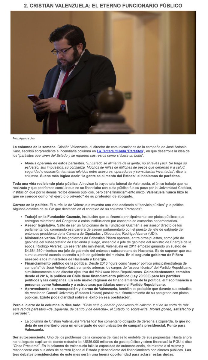 Interesante esta nota en el Newsletter del <a href="/thecliniccl/">The Clinic</a> de <a href="/jdmontalva/">juan diego montalva.</a>. Básicamente el asesor jefe de José Antonio Kast se denomina a sí mismo como un (cito textual) "parásito".