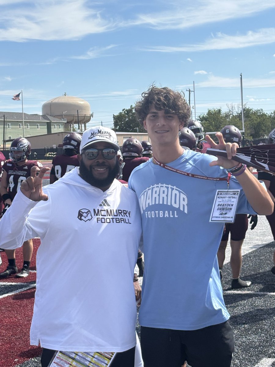 BraydenDawson QB1 (@braydenhdawson1) on Twitter photo Great game day visit at <a href="/McMURRYFOOTBALL/">McMURRY FOOTBALL</a>  Big win today! Really enjoyed learning more about the football program and touring the campus. <a href="/CoachNealMcM/">JORDAN NEAL</a> has something good going on. Can’t wait to get back for an official visit <a href="/IamCoachWash/">Correy Washington</a> <a href="/Coach_Barber3/">Jared Barber</a> <a href="/CyChristian_Ath/">Cypress Christian Athletics</a> Great game day visit at <a href="/McMURRYFOOTBALL/">McMURRY FOOTBALL</a>  Big win today! Really enjoyed learning more about the football program and touring the campus. <a href="/CoachNealMcM/">JORDAN NEAL</a> has something good going on. Can’t wait to get back for an official visit <a href="/IamCoachWash/">Correy Washington</a> <a href="/Coach_Barber3/">Jared Barber</a> <a href="/CyChristian_Ath/">Cypress Christian Athletics</a>
