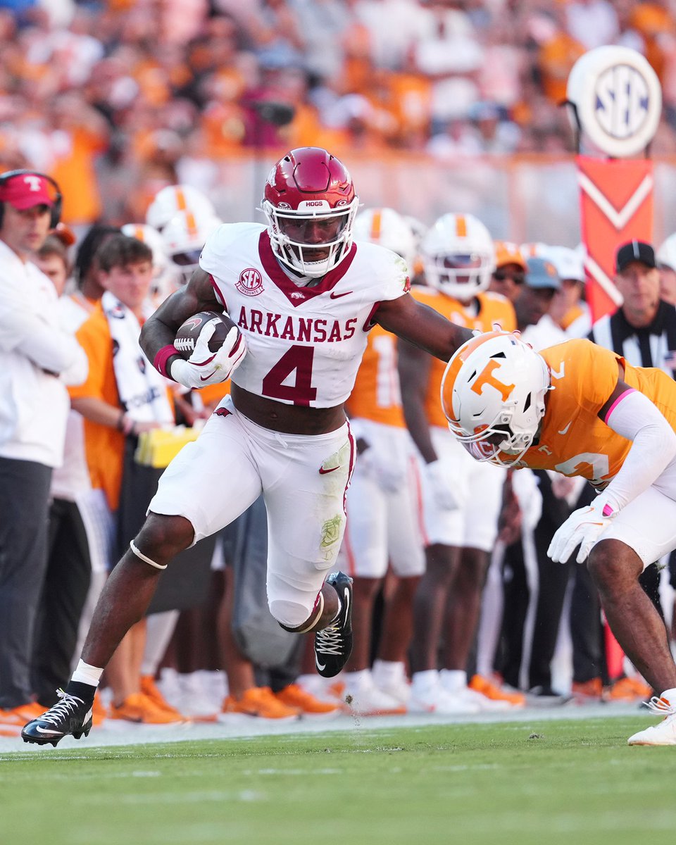 RazorbackComms's tweet image. RB Mike Washington Jr. has eclipsed the 100-yard rushing mark for the fifth time in his career and second time since joining @RazorbackFB.

He is the eighth Arkansas player to rush for 100 yards against Tennessee, and first since RB Alex Collins &amp;amp; RB Raleigh Williams III in 2015.