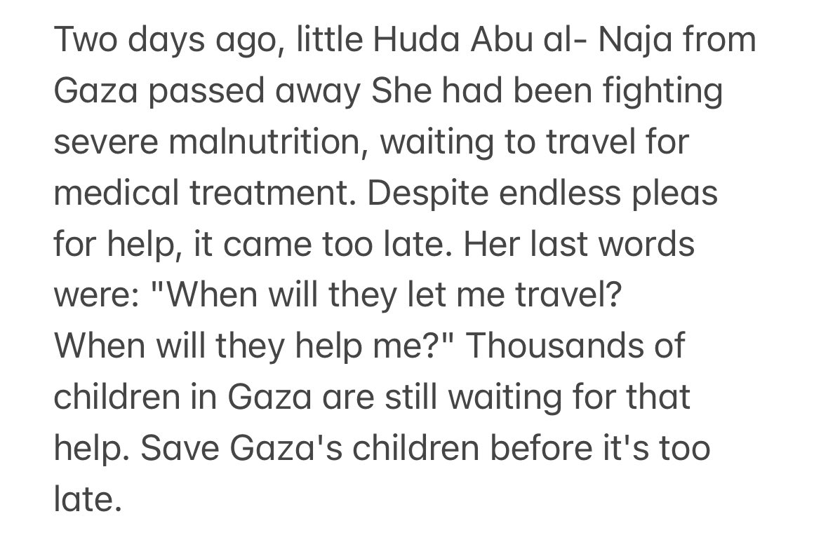 doaa__mohammad's tweet image. Two days ago, little Huda Abu al-
Naja from Gaza passed away She had been fighting severe malnutrition, waiting to travel for medical treatment. Despite endless pleas for help, it came too late.