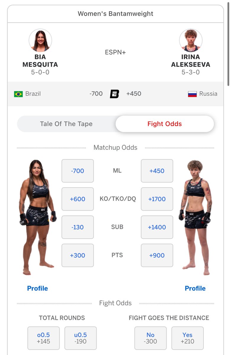 Fight_Algorithm's tweet image. Next Up!
Girl Fight #2 of the evening!
Picking Mesquita to win (-600) by Decision (+350).
#UFC #UFCRio #GamblingX