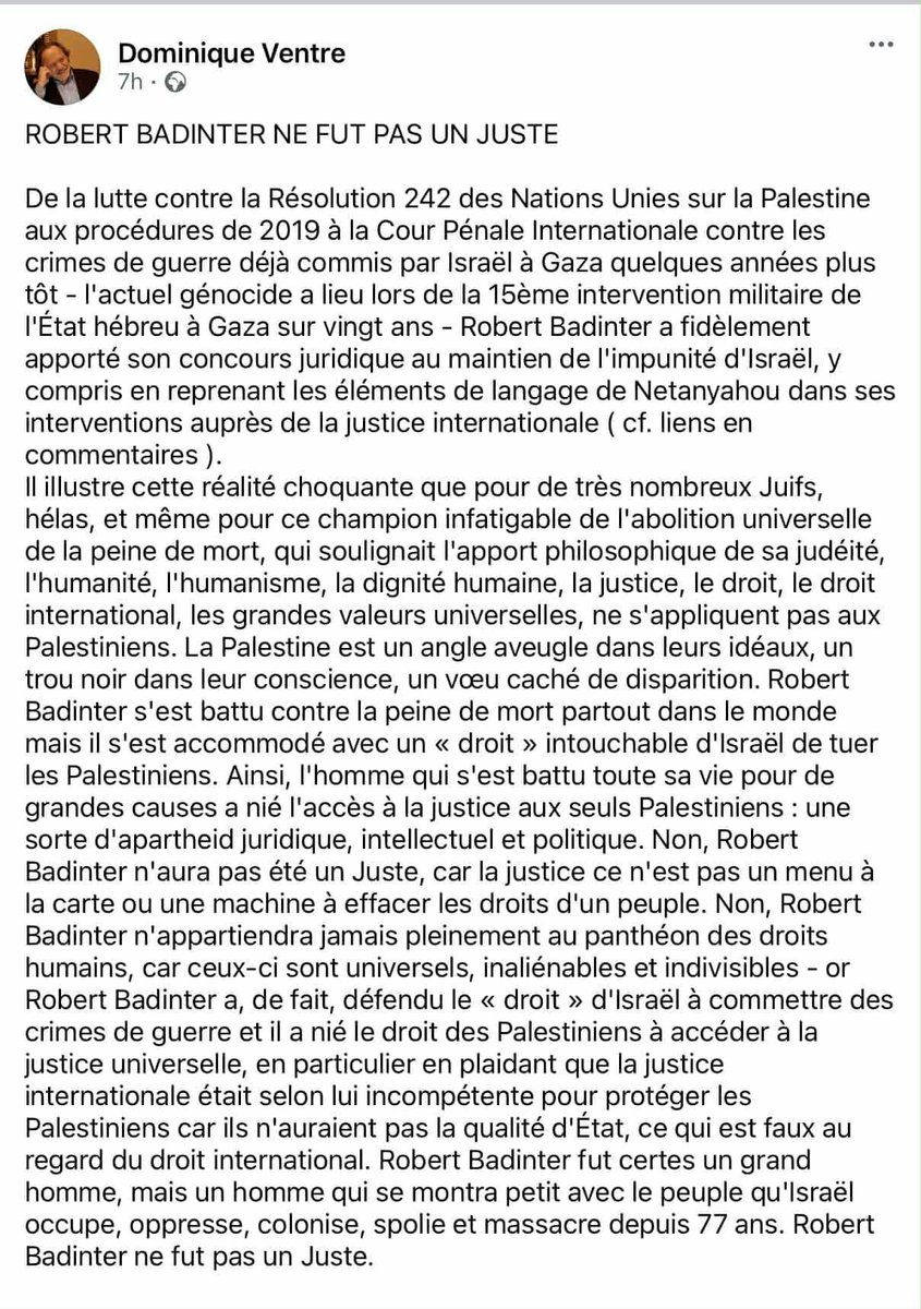 frburgat's tweet image. Robert #Badinter ne fut pas un juste : il a lutté partout contre la peine de mort mais n'a jamais moindrement remis en cause le droit d'Israel de tuer:-(